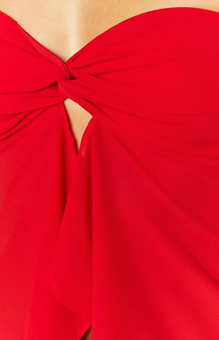 Red Strapless Bow Front Dress