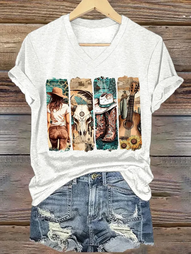 Patterned Printed V-Neck Short-Sleeved T-Shirt