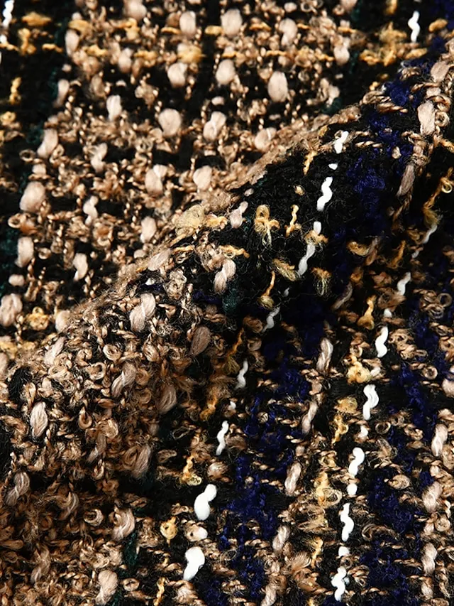 Women's Blazer Tweed Maillard Plaid Long Sleeve Coat Fall Winter Business Double Breasted Regular Jacket Green Brown XL 2XL 3XL