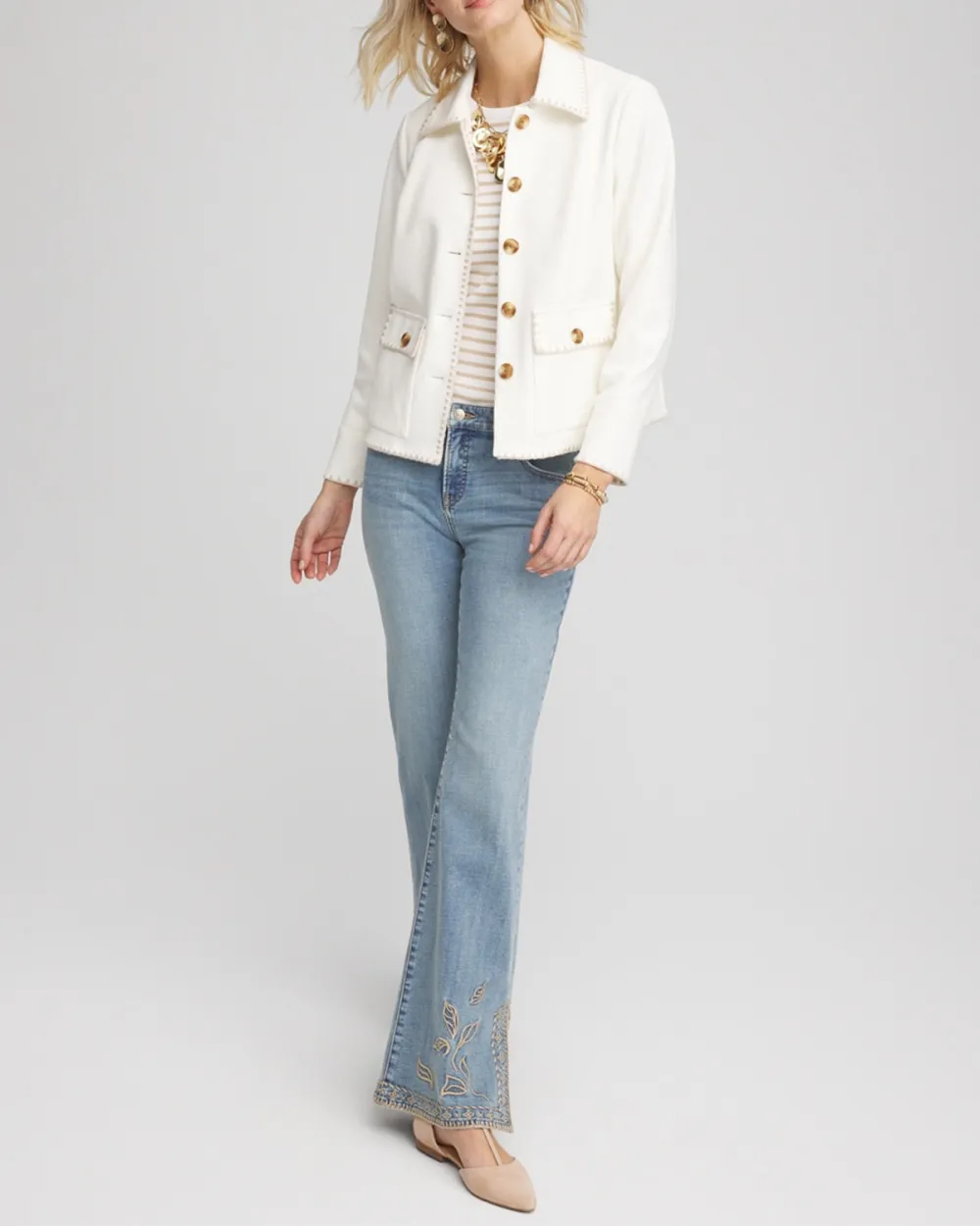 White Button Front Military Style Jacket