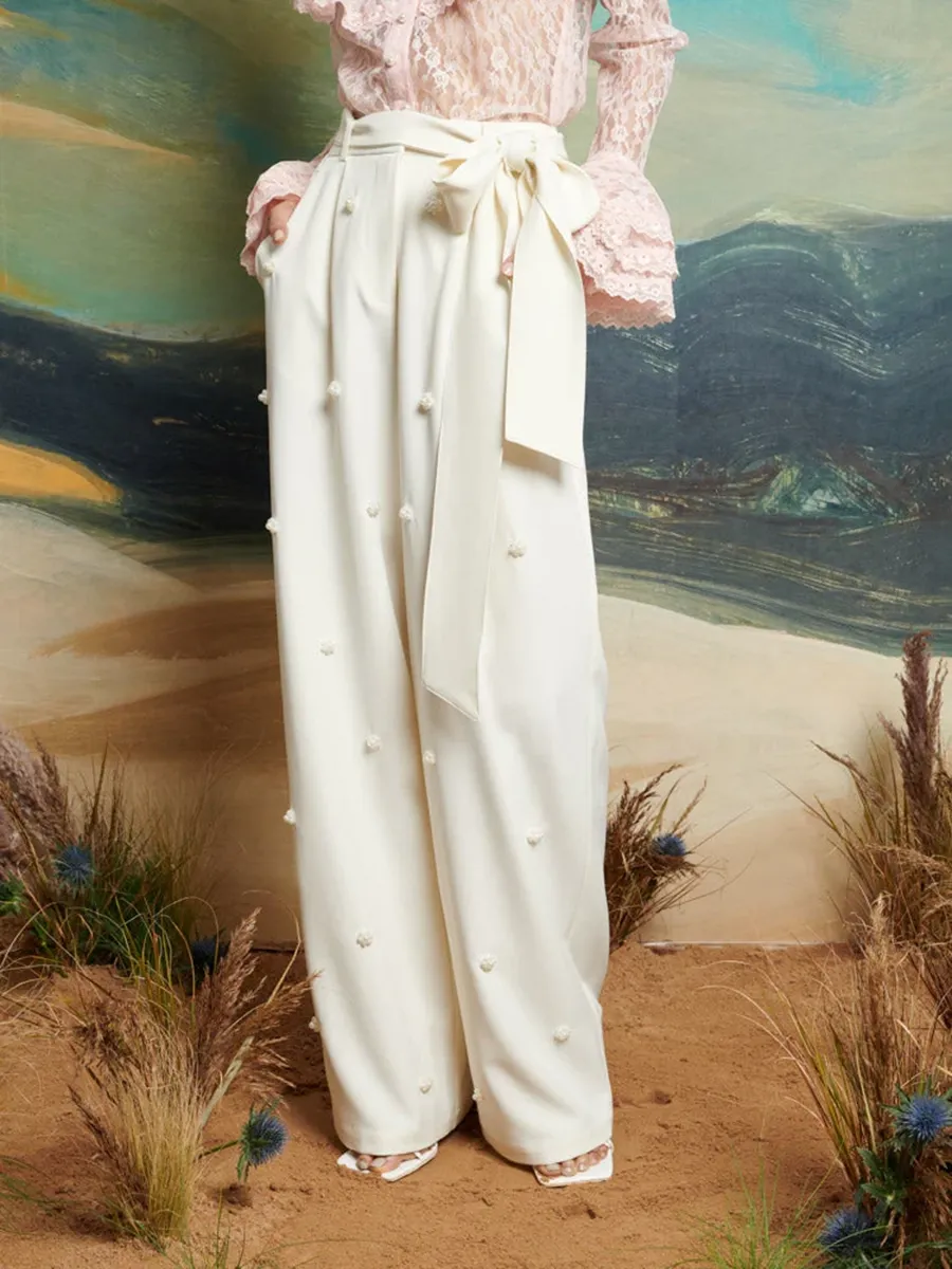 Casual Wide-Leg Pearl Trousers