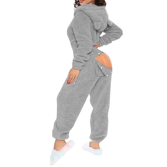 Women's Plush Onesie Christmas Pure Color Warm Fashion Home Xmas Daily Bed Polyester Warm Hoodie Long Sleeve Hole Fall Winter Black Pink