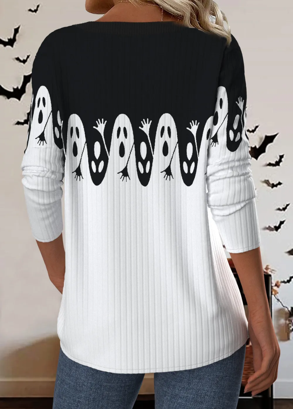 Halloween Black Button Long Sleeve Round Neck T Shirt