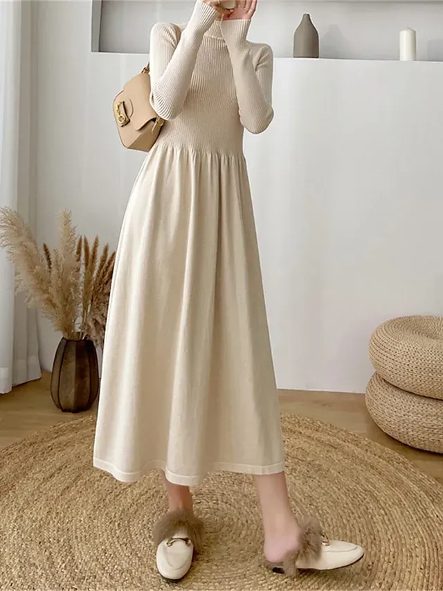Women's Sweater Dress Knit Dress Jumper Dress Midi Dress Knitwear Elegant Fashion Plain Outdoor Daily Going out Turtleneck Long Sleeve 2023 Loose Fit Black Apricot One Size