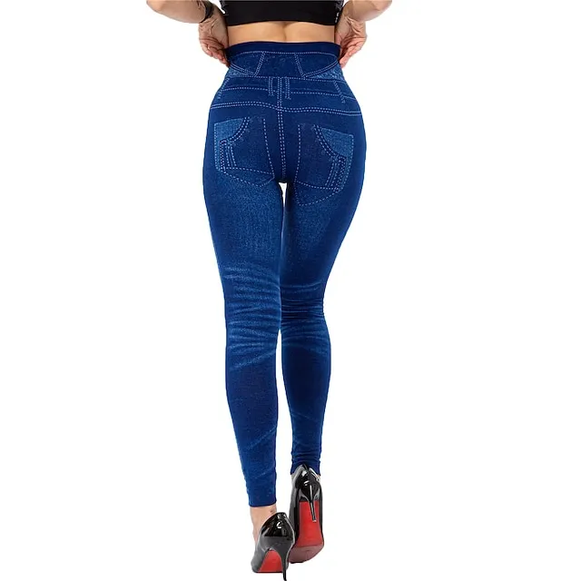 Women's Tights Leggings Jeggings Plain Tummy Control Butt Lift Ankle-Length Casual Weekend Faux Denim Fashion Skinny Black Blue High Waist High Elasticity