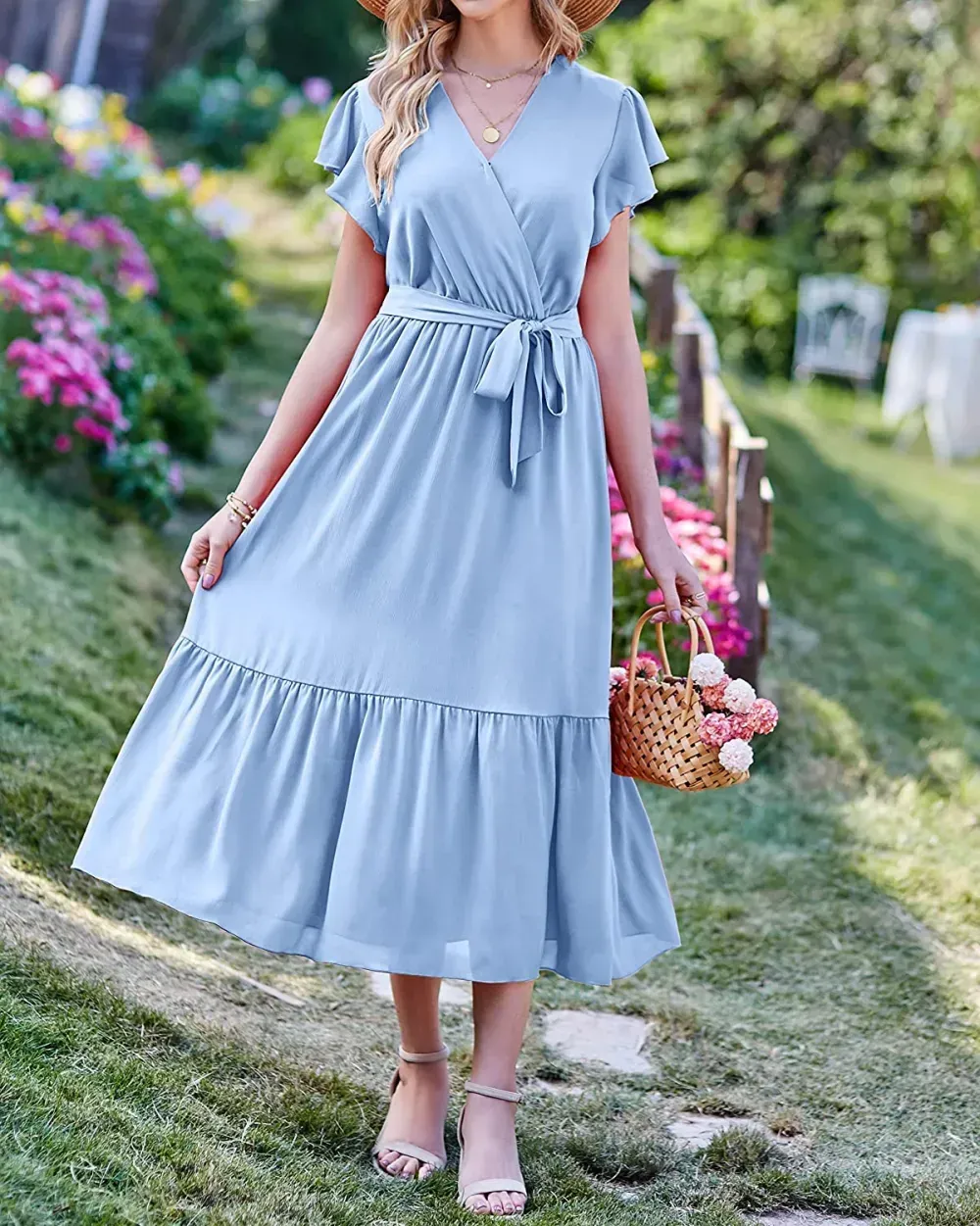 Women Summer Bohemian Floral Casual Wrap V Neck Ruffle Cap Sleeveless Belt A-Line Pleated Hem Swing Midi Sun Dress