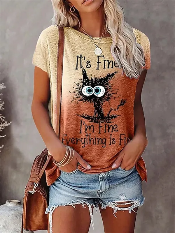 Women's T shirt Tee Yellow Blue Orange Cat Letter Print Short Sleeve Daily Weekend Basic Round Neck Regular Fit Cat Painting