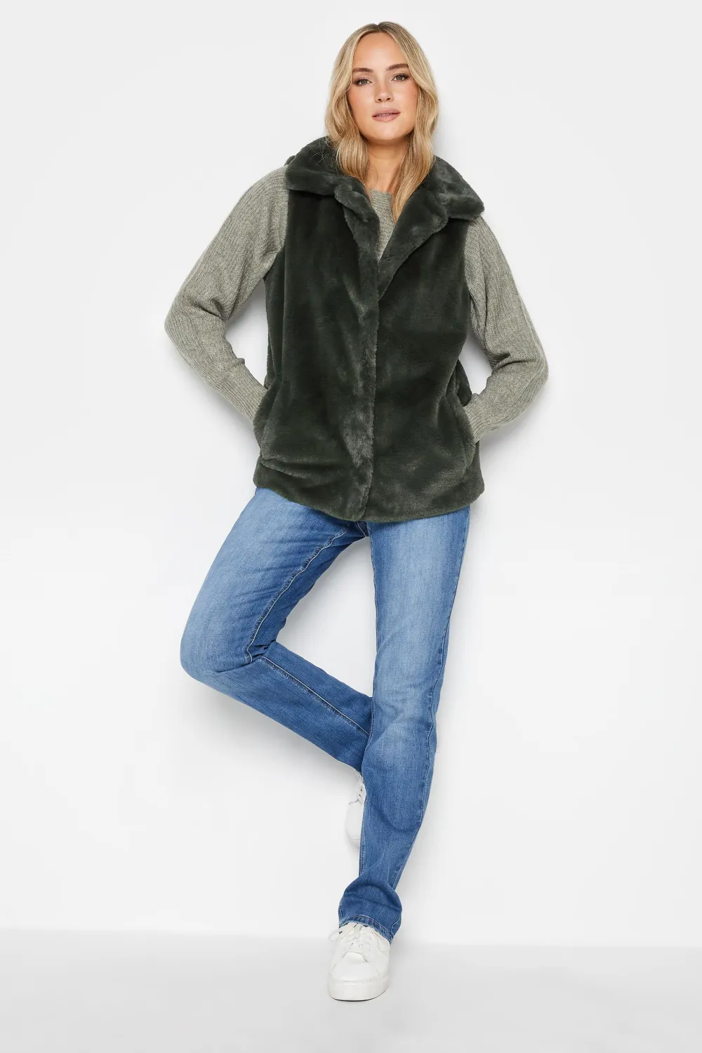 LTS Tall Dark Green Faux Fur Gilet