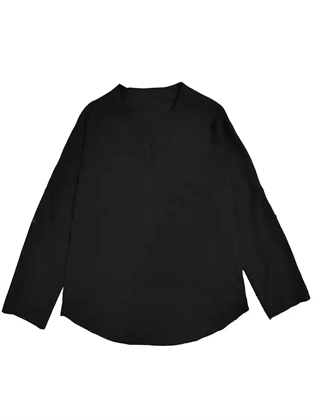 Women's Shirt Blouse Linen Black White Pink Plain Long Sleeve Casual Basic V Neck Regular Fit Spring Fall