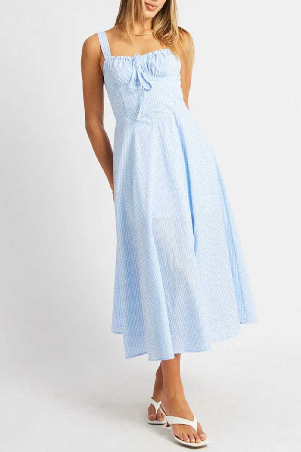 Blue Check Midi Dress Gathered Bust