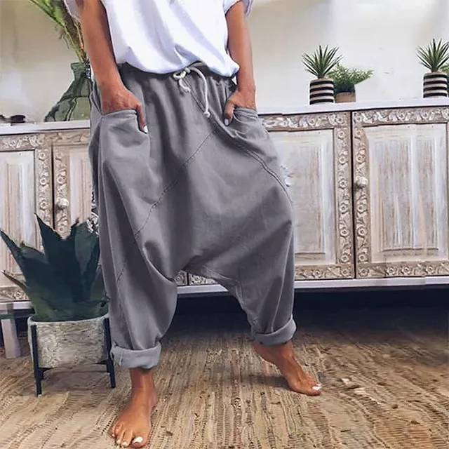 Women's Fashion Streetwear Chinos Harem Pants Side Pockets Baggy Elastic Drawstring Design Full Length Pants Casual Weekend Micro-elastic Plain Linen / Cotton Blend Comfort Mid Waist Loose Blue Gray