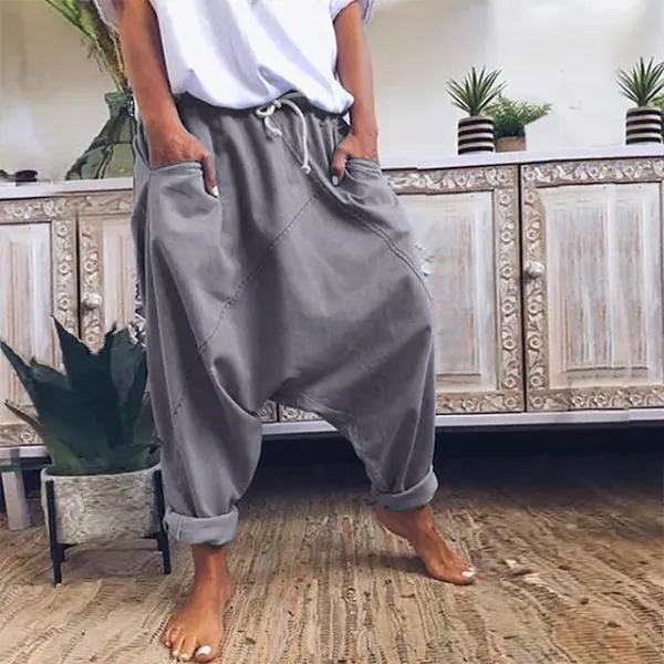Women's Fashion Streetwear Chinos Harem Pants Side Pockets Baggy Elastic Drawstring Design Full Length Pants Casual Weekend Micro-elastic Plain Linen / Cotton Blend Comfort Mid Waist Loose Blue Gray