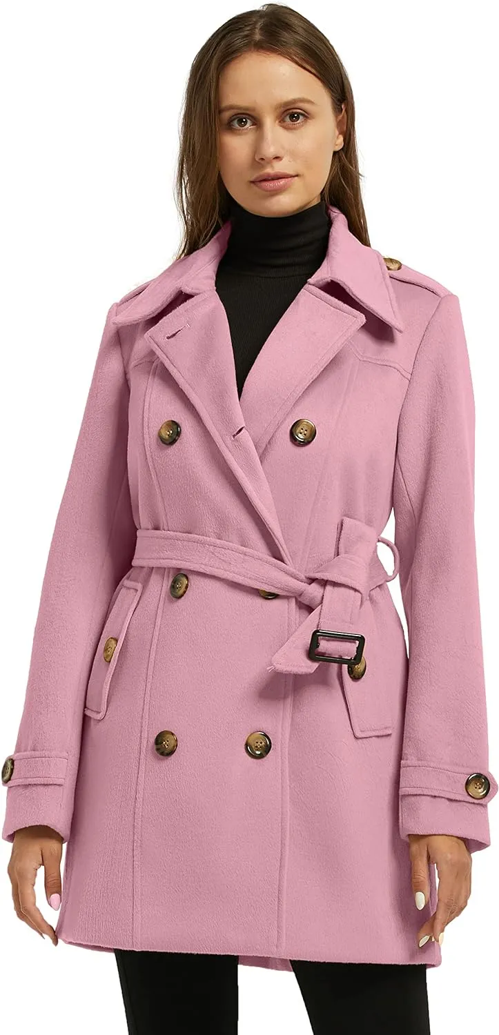 Women's Double Breasted Pea Coat Winter Mid-Long Trench Coat with Belt