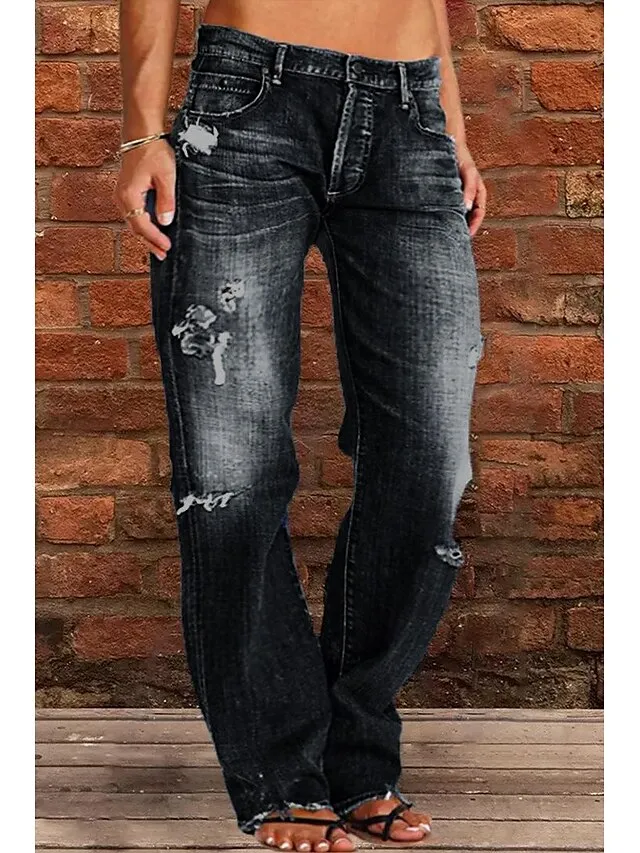 Women‘s Moms Jeans Low Rise Distressed Straight Full Length Denim Pocket Ripped Low Rise Casual Lounge Casual Daily Black Navy Blue S M