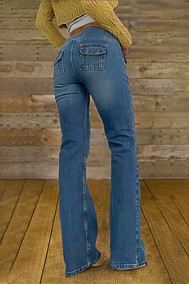 Flap Pocket Button Up Low Rise Flare Jeans