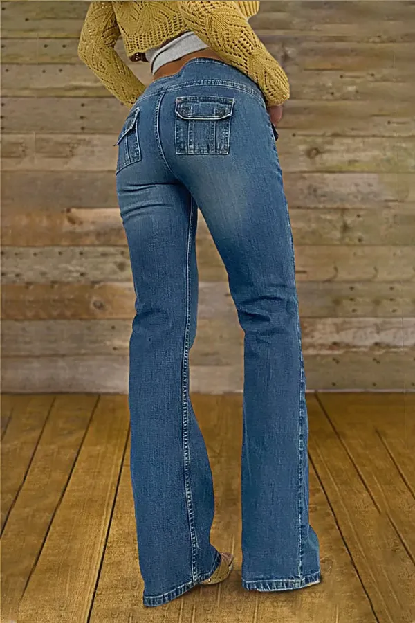 Flap Pocket Button Up Low Rise Flare Jeans