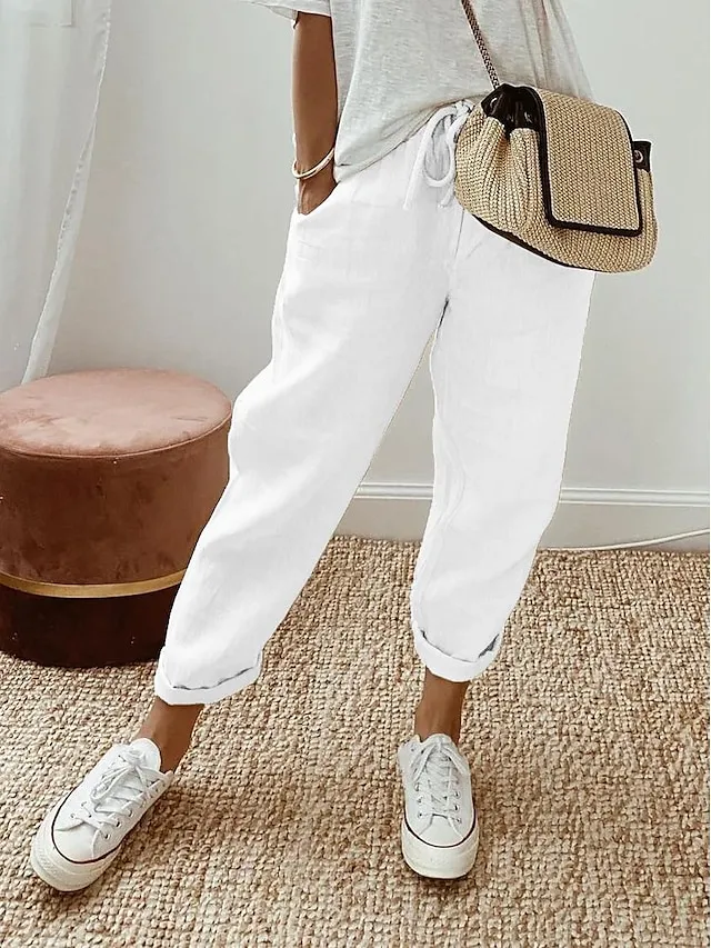 Women's Linen Pants Pants Trousers Baggy Cotton Plain Maillard Side Pockets Baggy Full Length Fashion Casual Daily Black White S M