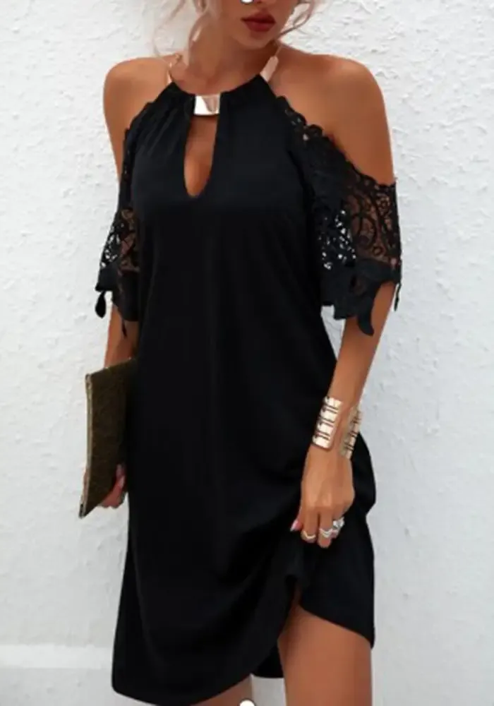 Newtown Metal Hanging Neck Hollow Out Sleeve Dress