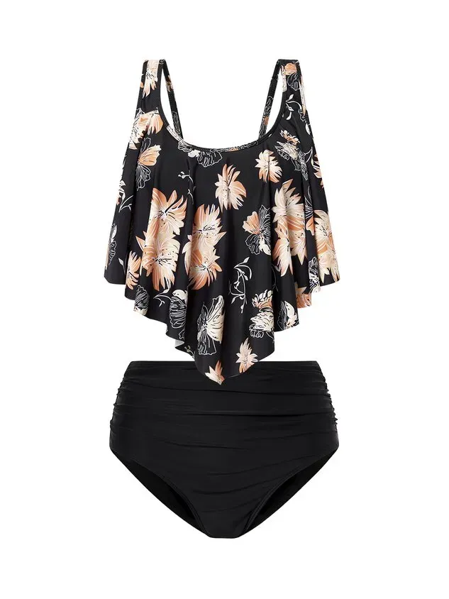 Vacation Floral Printing Scoop Neck Tankinis Two-Piece Set