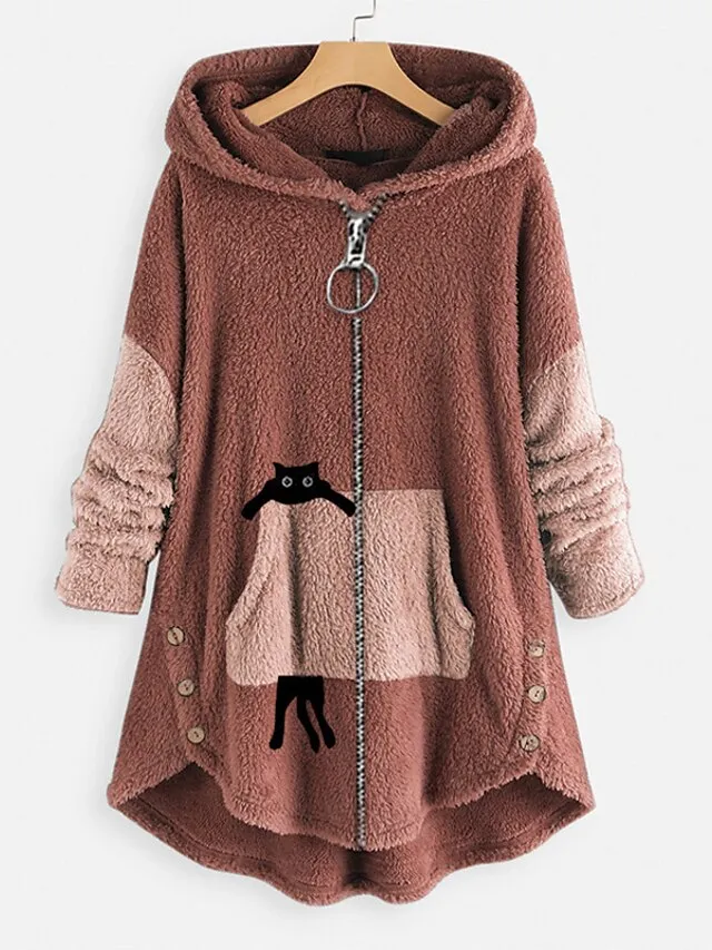 Women's Plus Size Teddy Coat Animal Casual Long Sleeve V Wire Regular Fall Winter Green Pink Dark Gray L XL XXL 3XL 4XL
