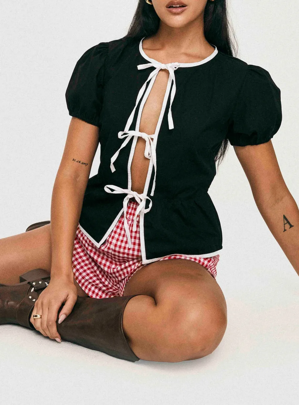 Red Puff Sleeve Peplum Shirt