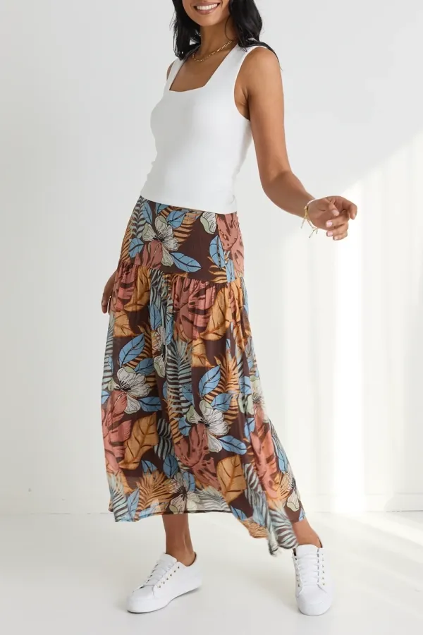 Floral Print Tiered Midi Skirt
