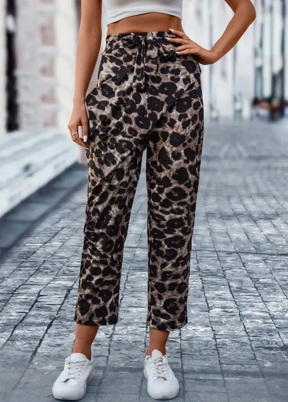 Dark Coffee Pocket Leopard Elastic Waist Belted Pants