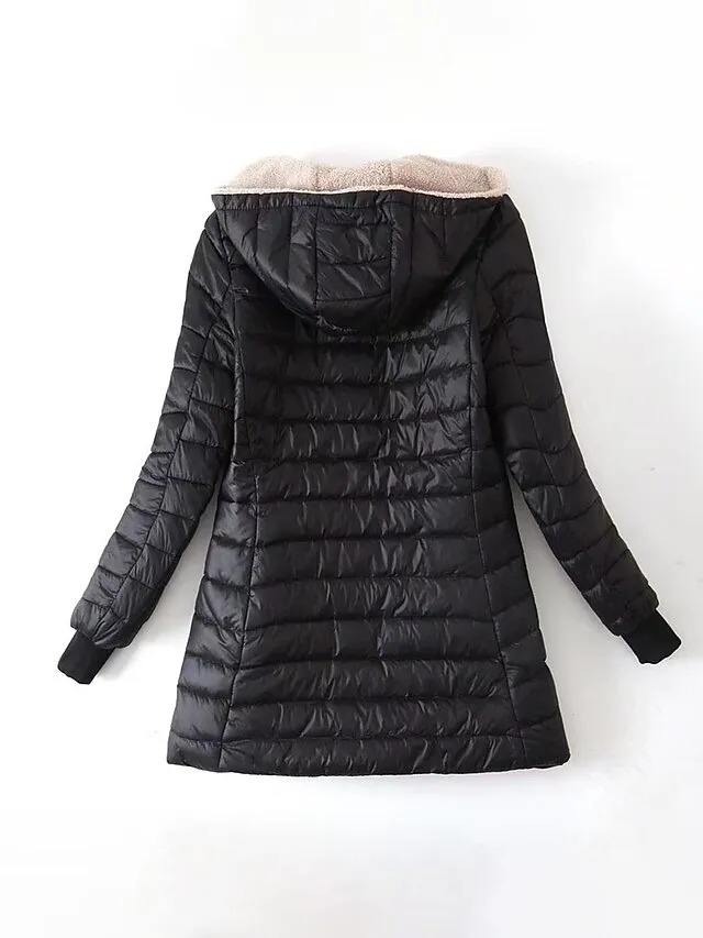 Women's Parka Quilted Coat Fleece Lined Sherpa Jacket Fall Long Coat Winter Puffer Jacket Windproof Warm Heated Coat Stylish Casual Jacket Long Sleeve Plain Full Zip Black