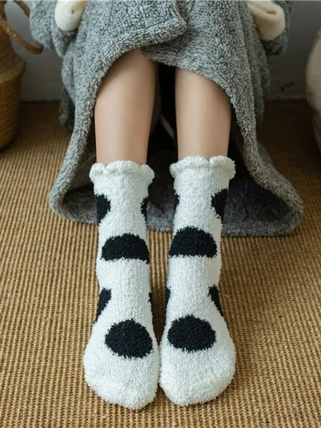 Polka-dot Bear Heart-shaped Graphics Warm Plus Velvet Coral Fleece Floor Socks