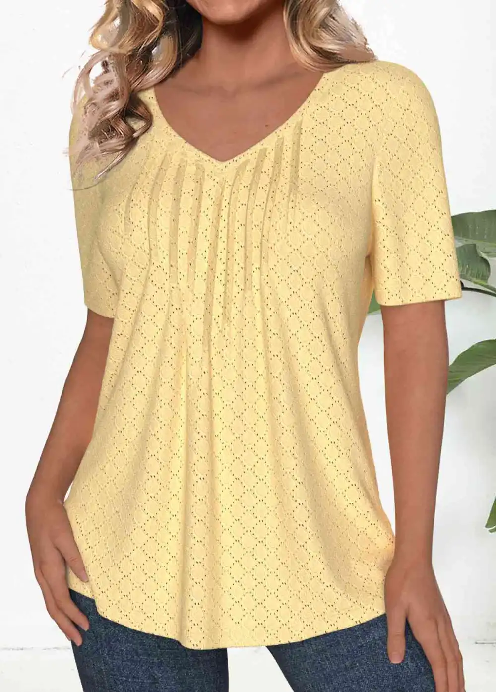 Light Yellow Textured Fabric Short Sleeve T Shirt