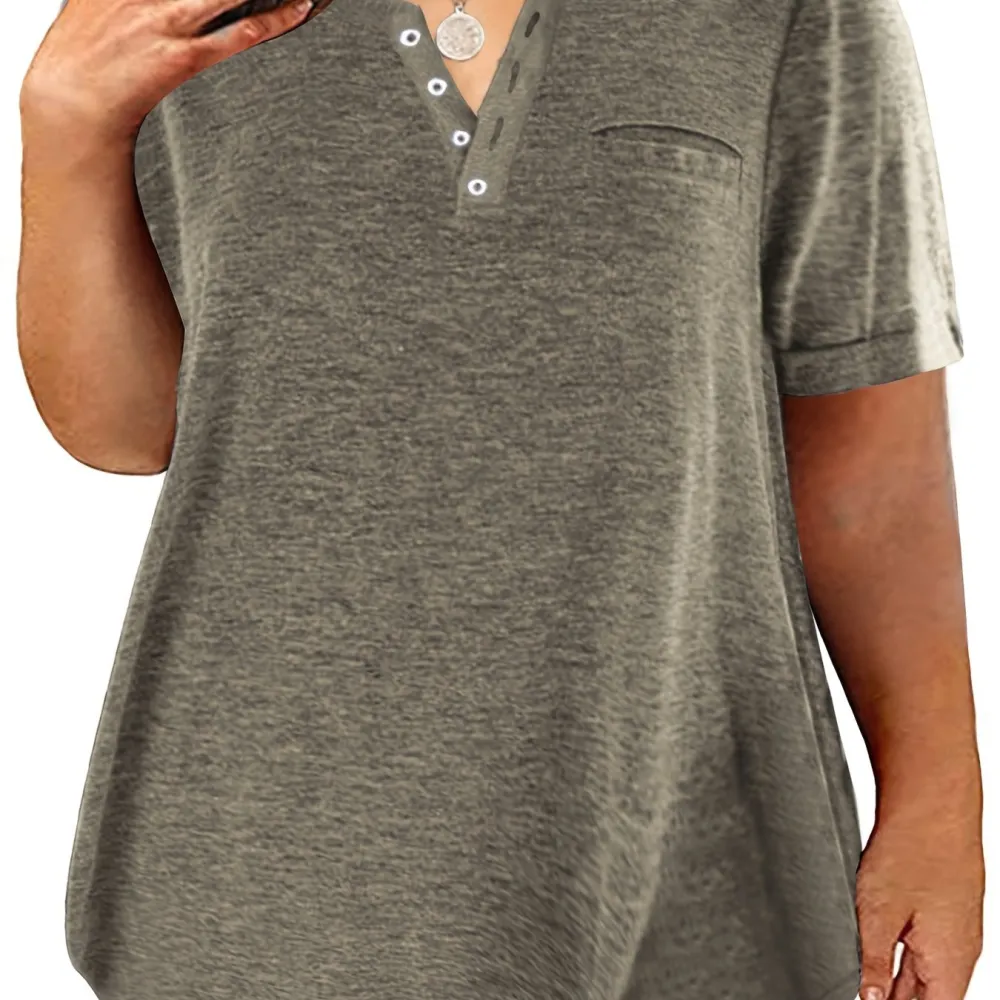Plus Size Button Front Short Sleeve T-shirt, Women's Plus Slight Stretch Casual Tee