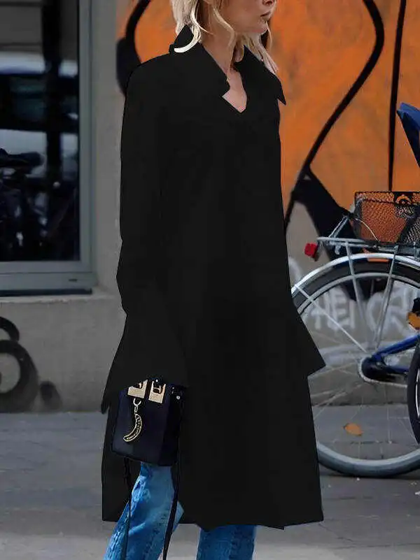 Casual Flared Sleeves Long Sleeves Split-Side Solid Color Lapel Collar Blouses Shirt Dress