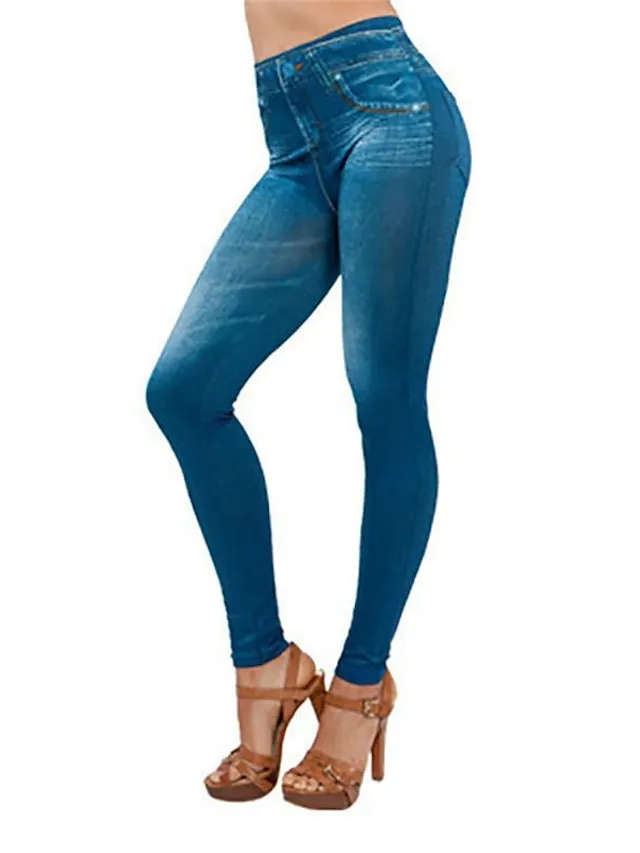 Women's Casual / Sporty Athleisure Skinny Tights Leggings Print Ankle-Length Pants Casual Weekend Stretchy Solid Color Denim Faux Denim Tummy Control Butt Lift High Waist Skinny Black Blue Grey S M L