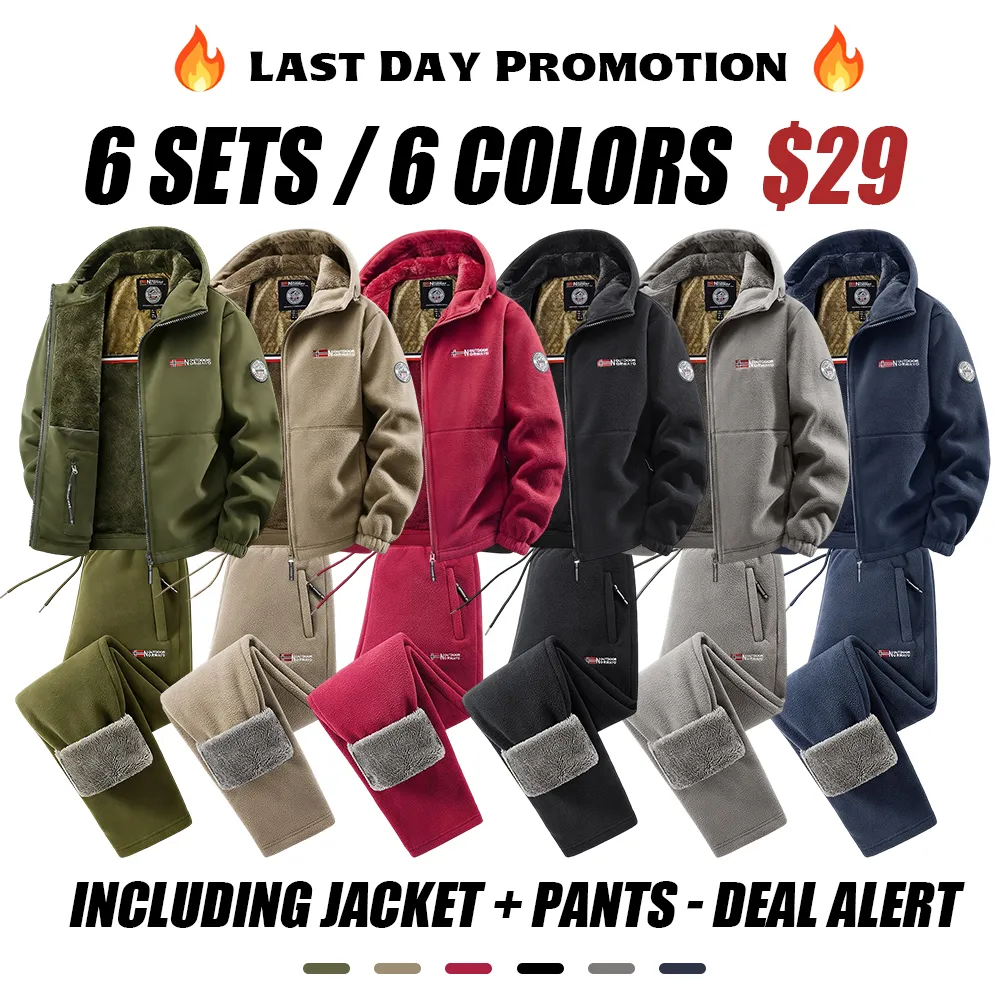 Men'S Outdoor Heavyweight Fleece Jacket&Men's Winter Outdoor Sports Fleece Pants-2 price set - Double-Sided Warm Hooded Coat With Full Zip, Multi Pockets & Machine Washable Polyester For Camping Hiking Casual Wear