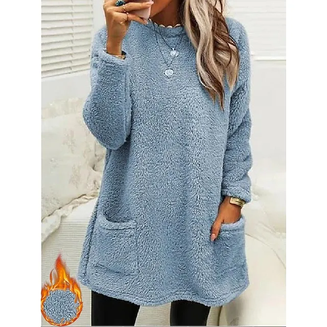 Women's Sweatshirt Pullover Sherpa Fleece Teddy Pocket Marron Black Blue Solid Color Street Casual Round Neck Long Sleeve Fleece S M L XL 2XL 3XL
