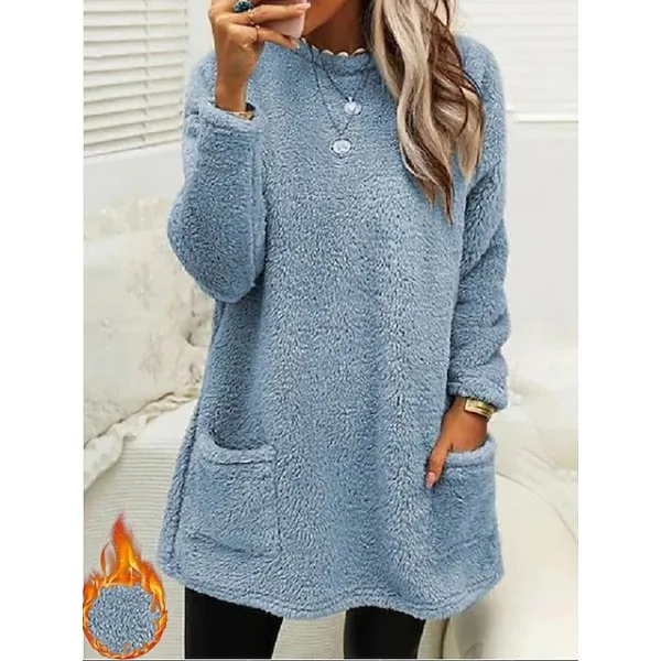 Women's Sweatshirt Pullover Sherpa Fleece Teddy Pocket Marron Black Blue Solid Color Street Casual Round Neck Long Sleeve Fleece S M L XL 2XL 3XL