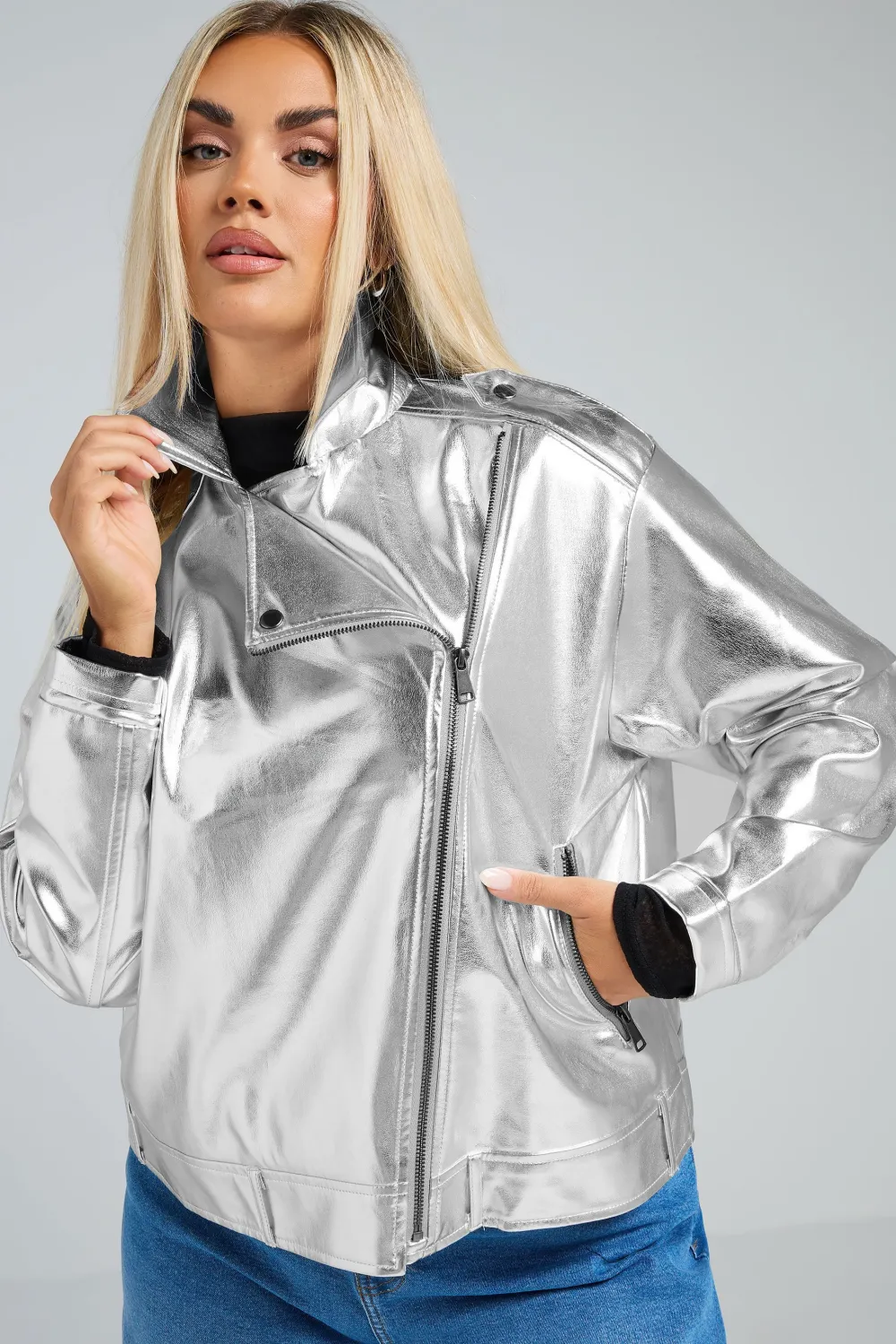 LIMITED COLLECTION Curve Silver Metallic Biker Jacket