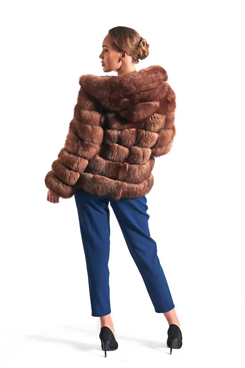 Brown  Fox Fur Coat Women's Hooded