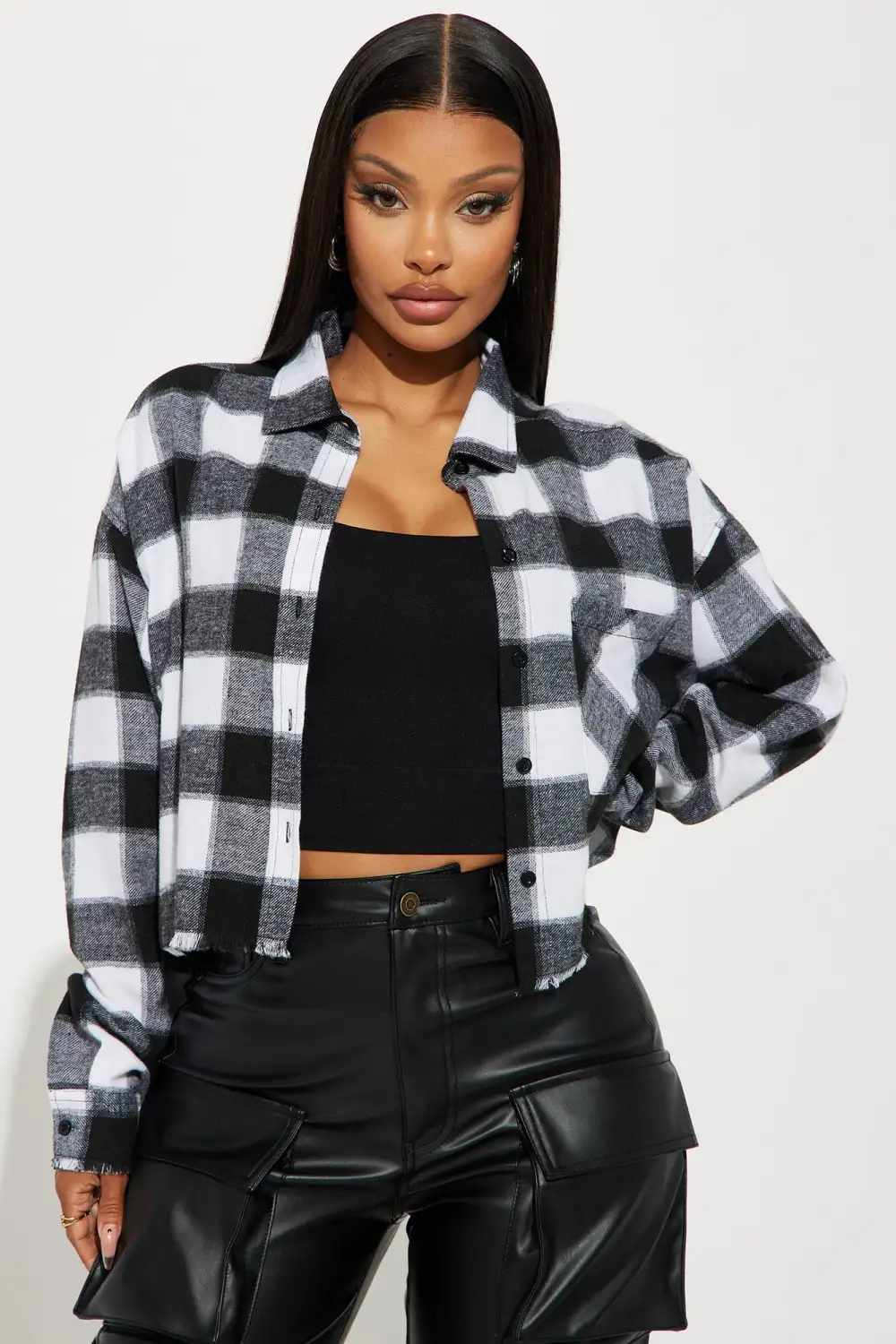 Bad To The Bone Cropped Plaid Shirt - Black/White