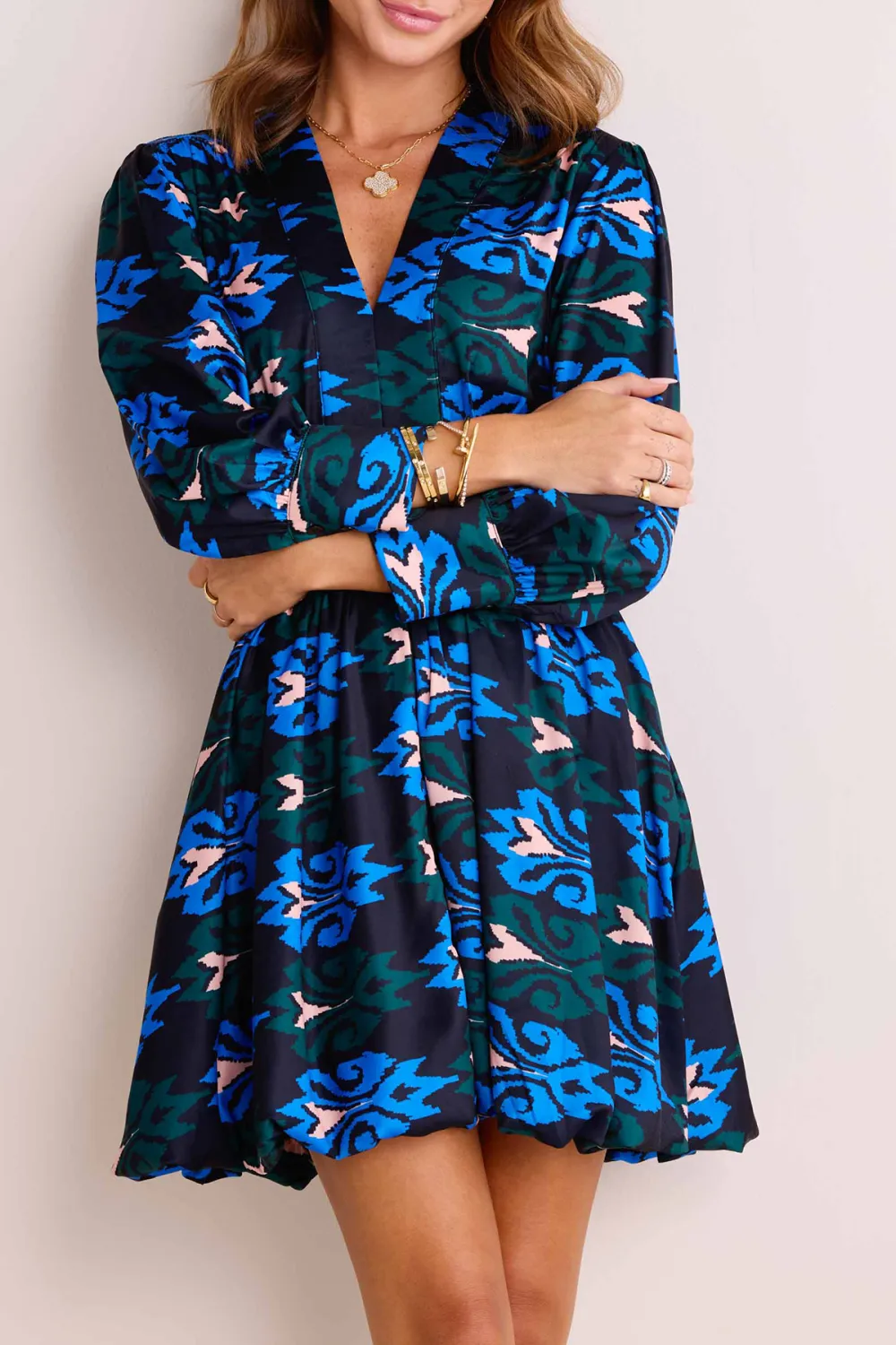 Blue Floral Print V-Neck Long Sleeve Dress