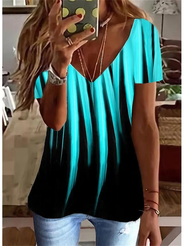 Women's T shirt Tee Going Out Tops Graphic Black White Blue Print Short Sleeve Daily Weekend Tunic Basic V Neck Regular Fit
