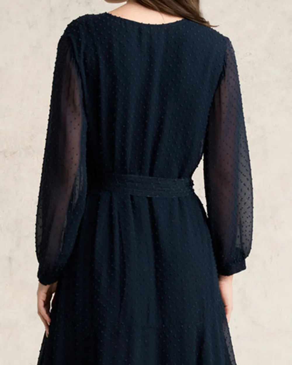 V Neck Long Sleeve Belted Midi Dress