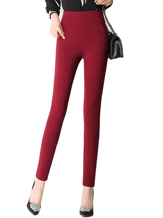 Women's High Waist Leggings Cotton Blend Wine Royal Blue White Fashion Daily Going out Stretchy Full Length Tummy Control Solid Color S M L XL XXL / Skinny