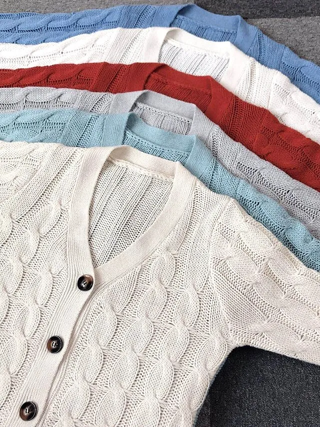 Spring Outfits - Women's Sweater Cardigans & T-Shirt & Scarf Set Cable-Knit Buttoned Cardigan with Pockets and Blouse T shirt Tee Basic