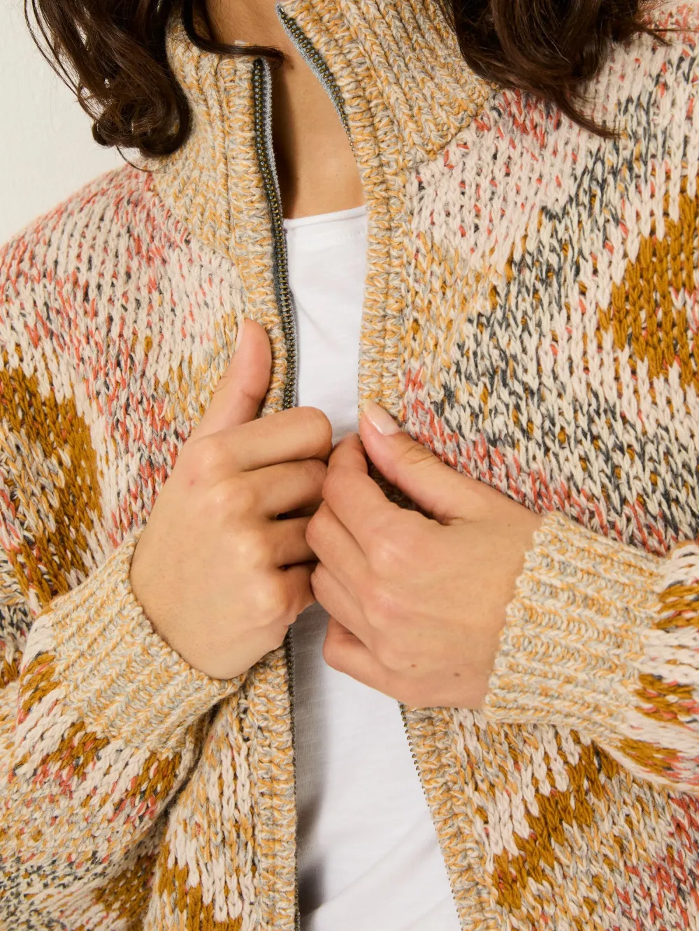 Natural Erin Knitted Zip Through Cardigan