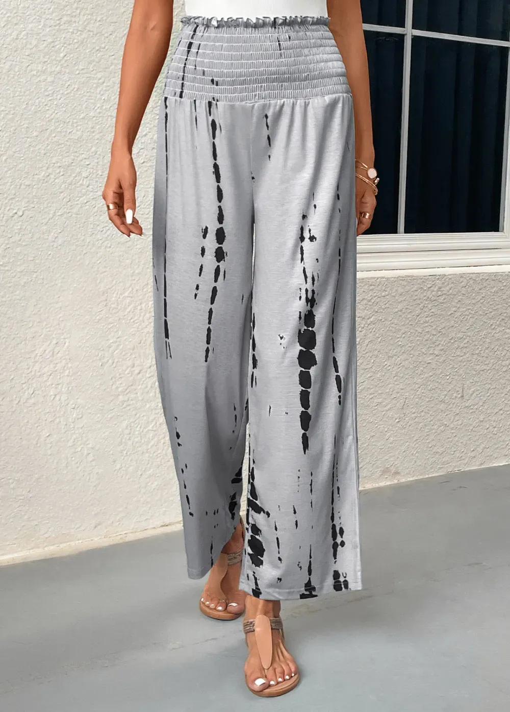 Grey Smocked Graffiti Print Elastic Waist Pants