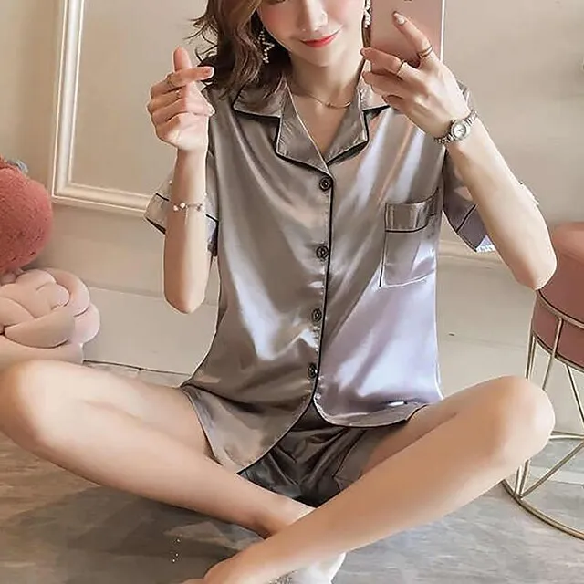 Women's Pajamas Sets Nighty Pjs 2 Pieces Pure Color Fashion Simple Comfort Home Daily Bed Satin Breathable Lapel Short Sleeve Shorts Elastic Waist Spring Summer Green Blue / Silk