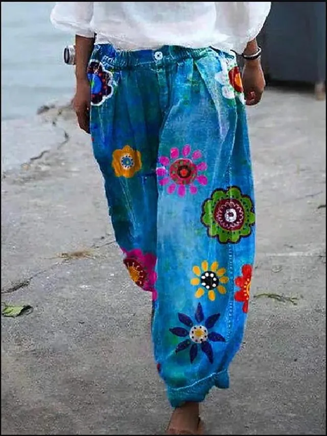 Women's Joggers Pants Trousers Baggy Faux Denim Mid Waist Fashion coastal grandma style Casual Weekend Print Micro-elastic Full Length Comfort Flower / Floral