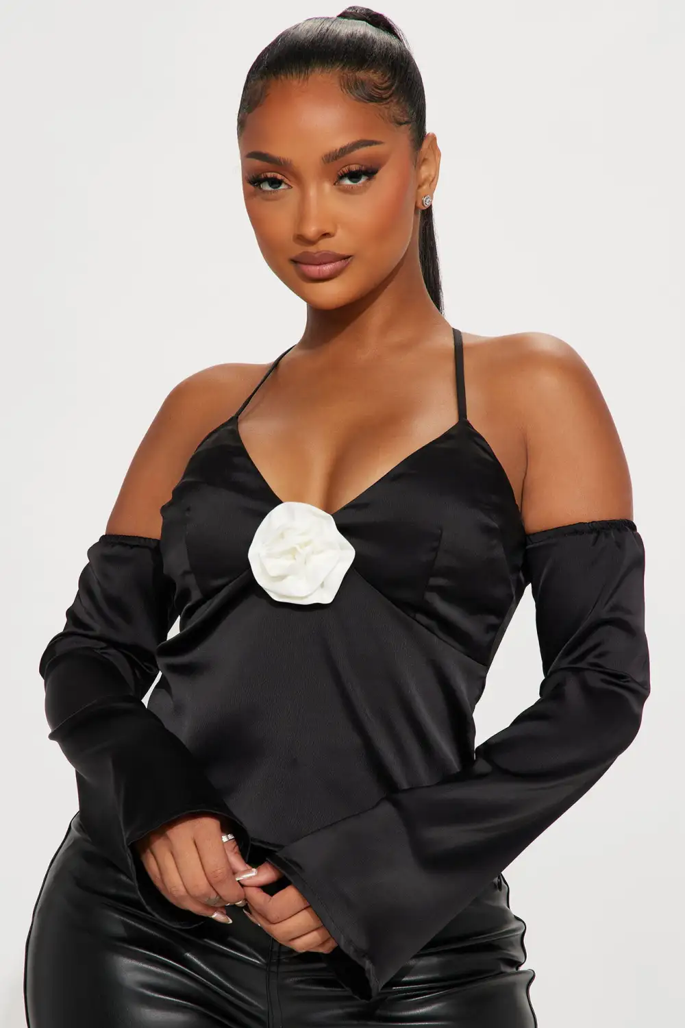 Soft Mood Satin Long Sleeve Cami - Black/White
