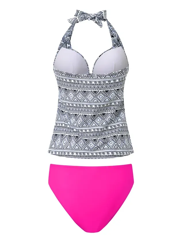 Vacation Ethnic Printing Halter Tankinis Two-Piece Set
